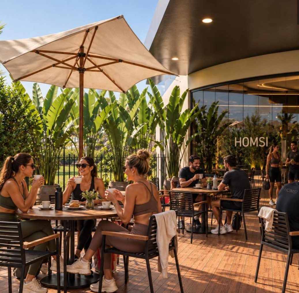 Membros tomando café no deck externo