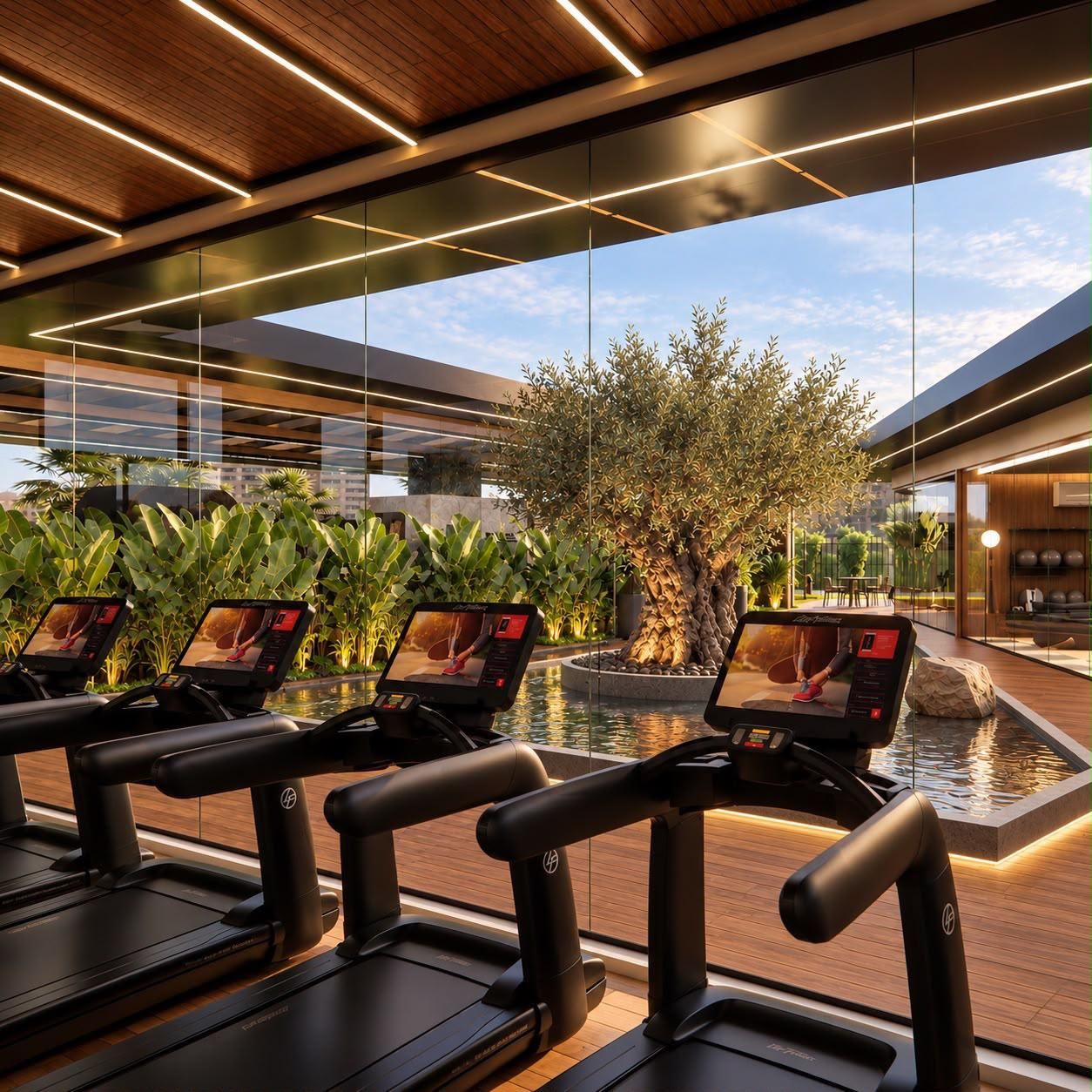Esteiras de cardio com vista para o deck